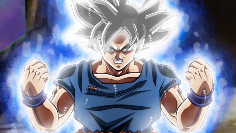   Goku liberando sua forma Ultra Instinct em uma foto de Dragon Ball Supe