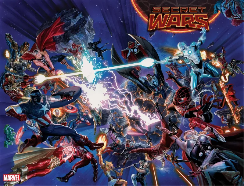   Avengers: Secret Wars'daki savaşı gösteren çizgi roman paneli.
