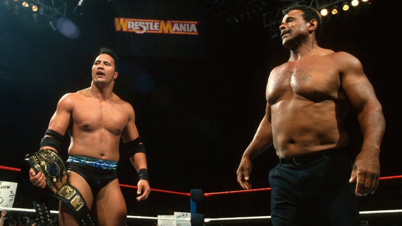  Скала на ринге с Рокки Джонсоном во время WrestleMania