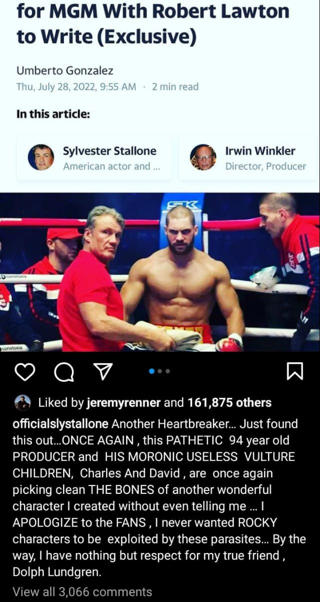   실베스터 스탤론's Instagram Post About The New Drago Movie
