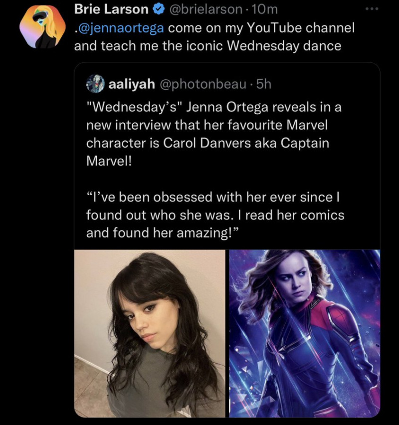   Brie Larsonová's Twitter post, inviting Jenna Ortega on her YouYube channel