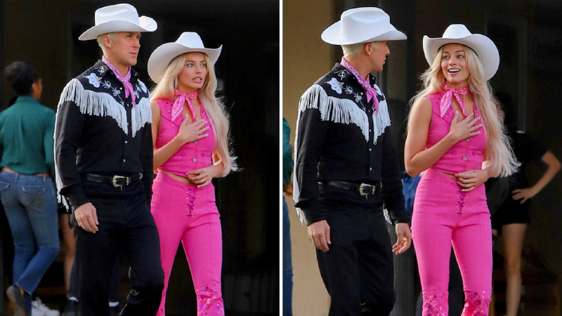  Robbie e Gosling em traje de cowboy para sessão de fotos da Barbie.