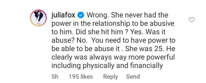   Јулиа Фок's Instagram comment insupport of Amber Heard