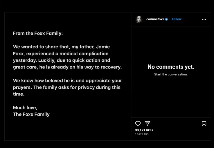   Corinne Foxx posta uma atualização sobre seu pai's health. Pic credit: Corinne Foxx's official Instagram account