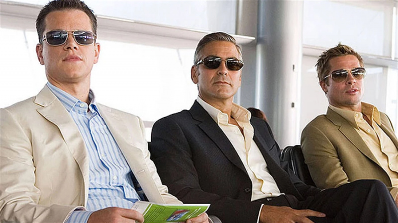   Mattas Damonas, George'as Clooney ir Bradas Pittas filme „Oušenas“.'s Eleven