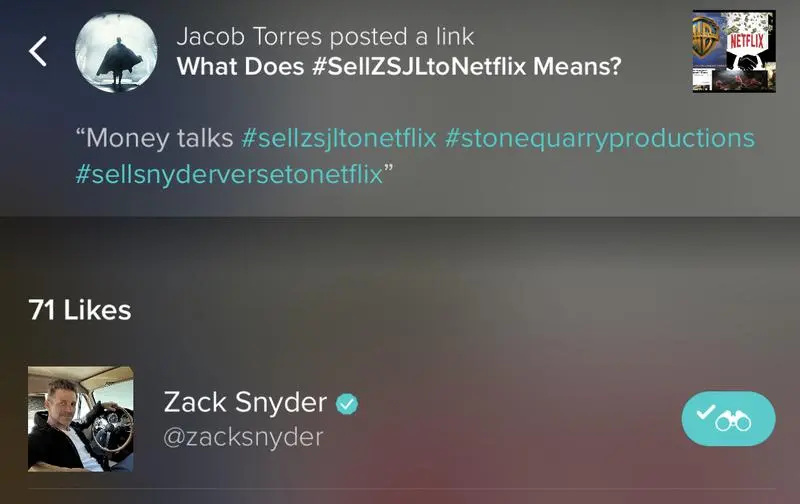   Vero, Zackas Snyderis, „SellZSJLtoNetflix“.