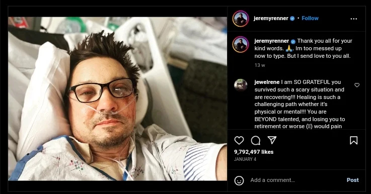  Jeremy Renner hayranlarına teşekkür etti. Resim kaynağı: Jeremy Renner'ın resmi Instagram hesabı