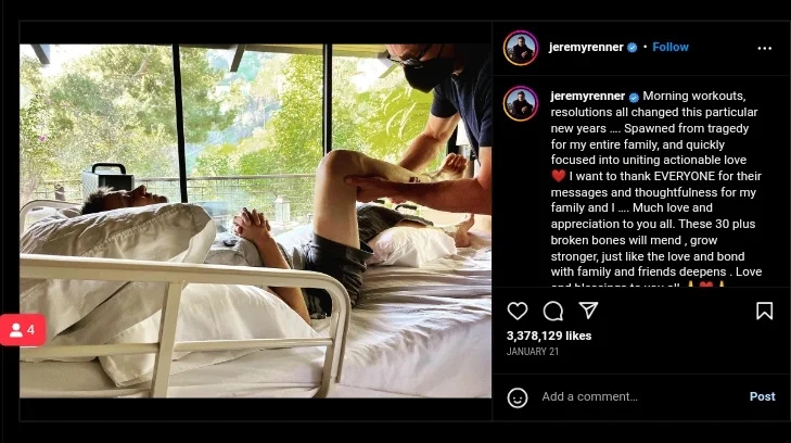   Džeremijs Reners sniedz faniem atjauninājumu. Attēla kredīts: oficiālais Džeremija Renera Instagram konts