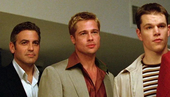   George Clooney, Brad Pitt en Matt Damon in een still from the Ocean's series 
