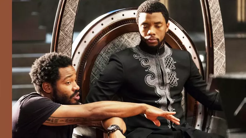   Black Panther (2018) 세트장의 Ryan Coogler와 Chadwick Boseman.