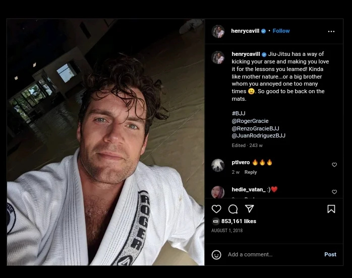   Henry Cavill falando sobre praticar Jiu-Jitsu. Crédito da foto: Henry Cavill's official Instagram account