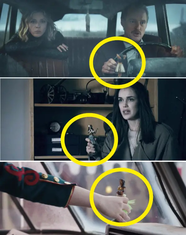   En hula-jente på Mobius's dashboard vs. Jemma Simmons holding one vs. Darcy touching one
