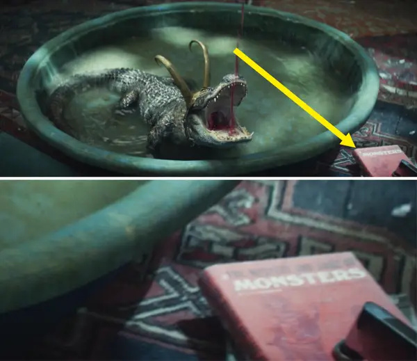   Aligatorius Lokis geria vyną vaikų baseine šalia knygos 5 serijos detalės