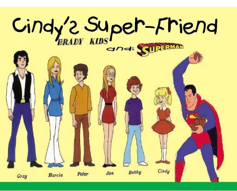 D.C.-hősök, köztük Superman a Super Friendsből, a Brady Kids amúgy is színes szereplőgárdája.