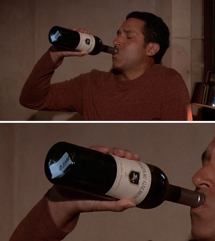 Оскар пьет вино из бутафорской бутылки