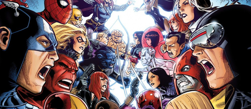 Iron Man von Robert Downey Jr. und Captain America von Chris Evans kämpfen vor Secret Wars gegen Hugh Jackman als Wolverine in „Avengers vs. X-Men Art“.