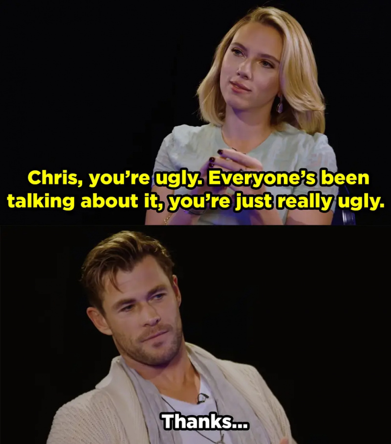   Scarlett assando Chris Hemsworth com essa queimadura selvagem e atrevida.