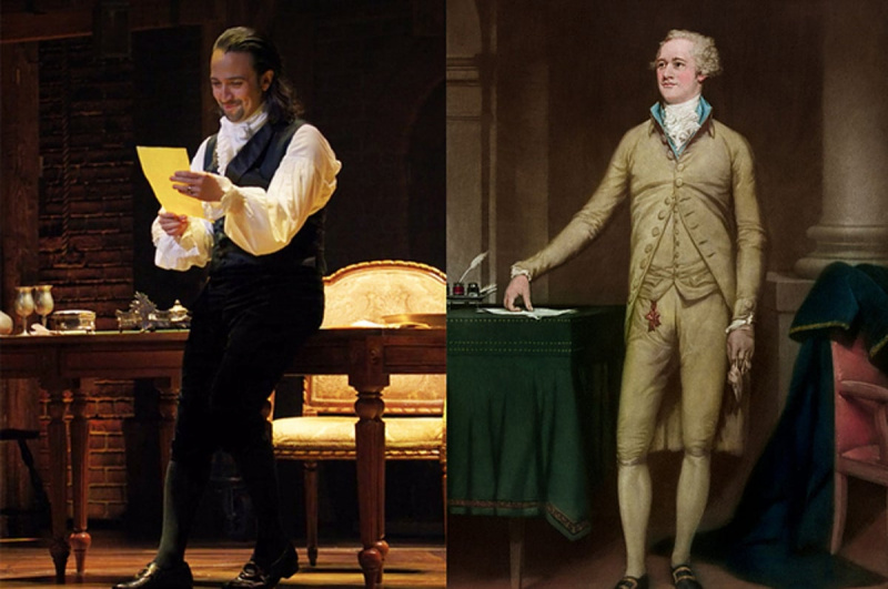   Alexander Hamiltonin puku Hamiltonissa oli sekoitus eri vuosisatoja ja leikattu suhteellisen löysästi.