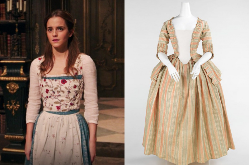   historiallisten elokuvien puvut, Belle Beauty and The Beastista - pukeutuneena mekkoon, joka näytti paljon nykyaikaisemmalta minimaalilaukkulla.