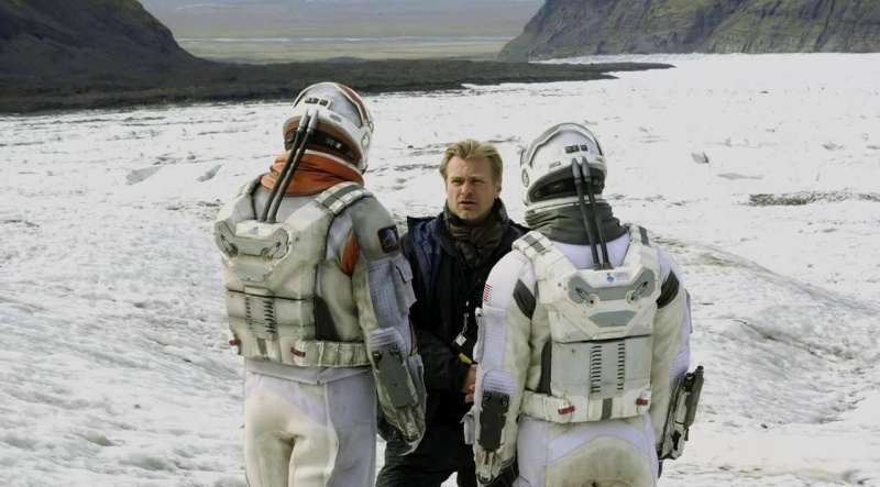  Christopher Nolan mit Matt Damon und Matthew McConaughey am Set von Interstellar (2014)