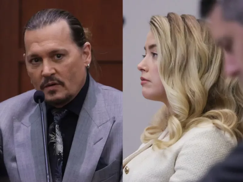  Johnny Depp ja Amber Heard oikeussalissa oikeudenkäyntiään varten.