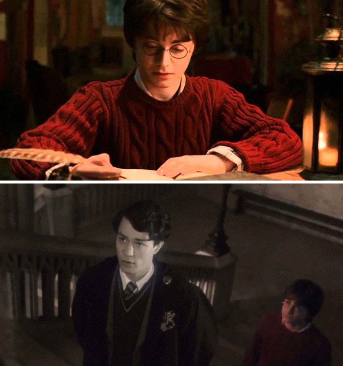  У Хари Потеру и тајној одаји (2002) Пре него што Хари буде увучен у Дневник Тома Ридлса, он је у соби са свећама. Када је у Дневнику, све је црно-бело, још увек можемо да видимо како светлост свеће трепери на његовом телу