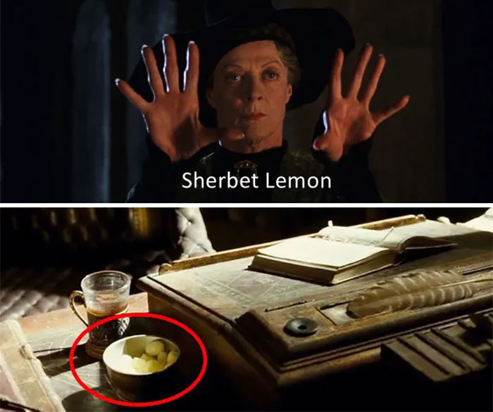   Saladuste kambris on Sherbet Lemon Dumbledore'i parool's Office. Then, In The Half-Blood Prince, The Candy Can Be Seen On Dumbledore's Desk