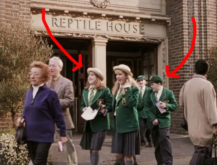   I The Sorcerer's Stone, School Children Wearing Green School Uniforms Walk By The Reptile Room. This Is A Nod To Slytherin's House Color Being Green And Their Symbol Being A Snake