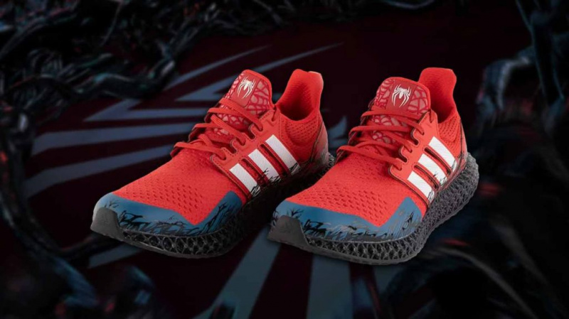   Adidas x Marvel's Spider-Man 2 shoes have tendrils creeping upwards from the black sole, representing Venom symbiote.