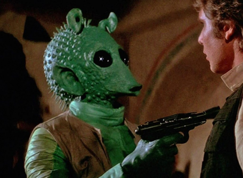   Paula Blake’a's Greedo with Harrison Ford's Han Solo in a still from Star Wars