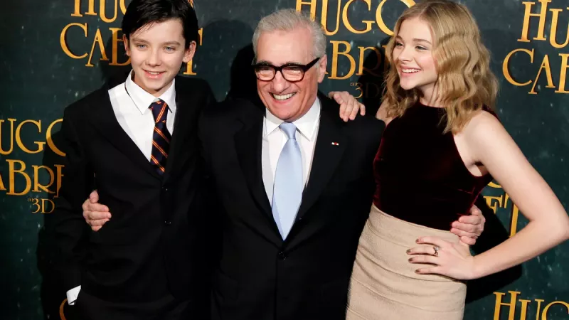   Asa Butterfield, Martin Scorsese a Chloë Grace Moretz na premiére Huga