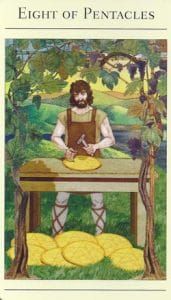 8 af Pentacles Mythic Tarot